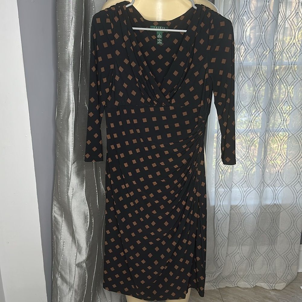 Ralph Lauren woman dress Sz 6 3/4 Sleeves Ruched side Black/Brown square pattern - Picture 4 of 6